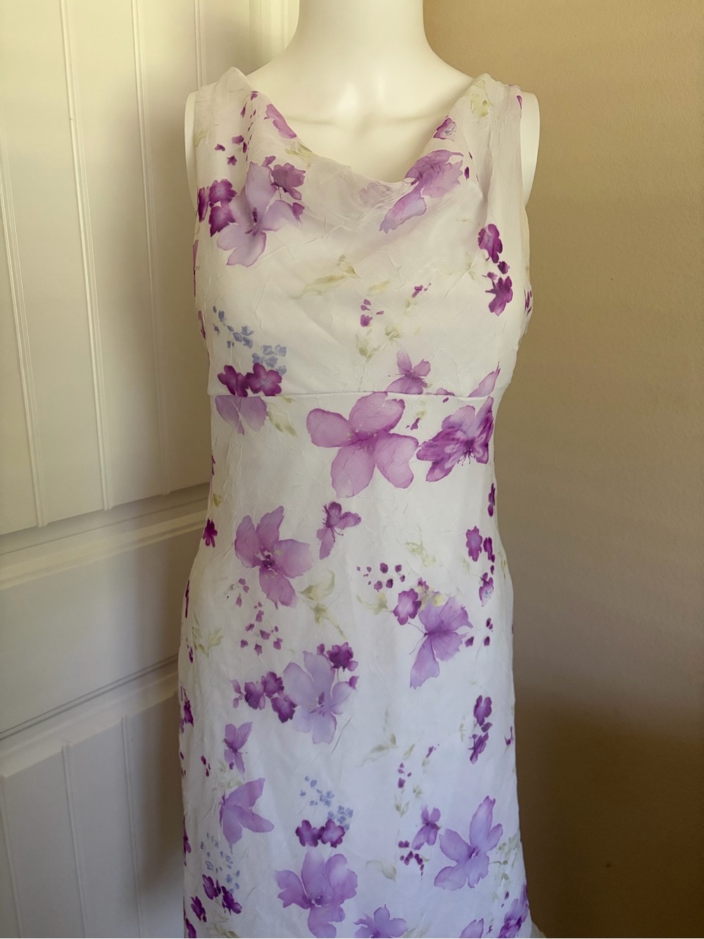 Y2K B. Smart White Purple Floral Butterfly Midi Cowl Neck Dress